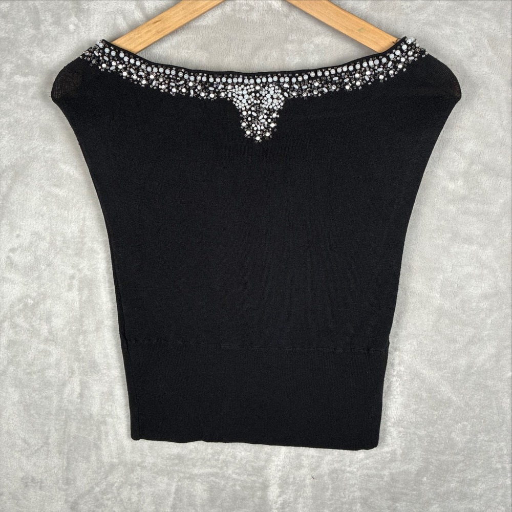 Wet Seal Black Ribbed Knit Boat Neck Top Beaded Neckline Vintage Style Large